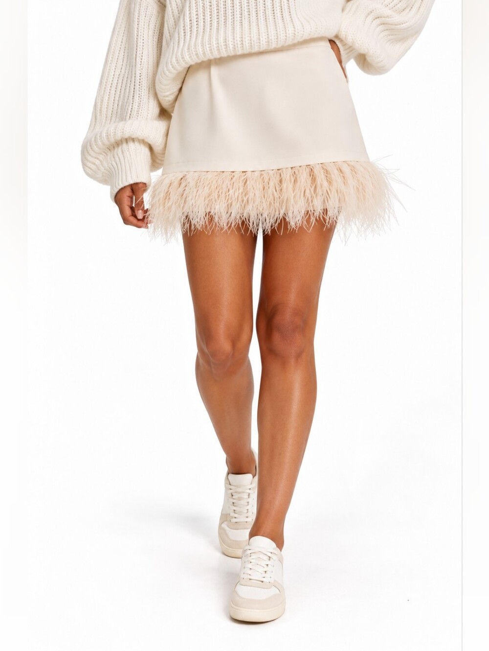 Future Collective NWT Cream Feather Trim Mini Skirt Size Large